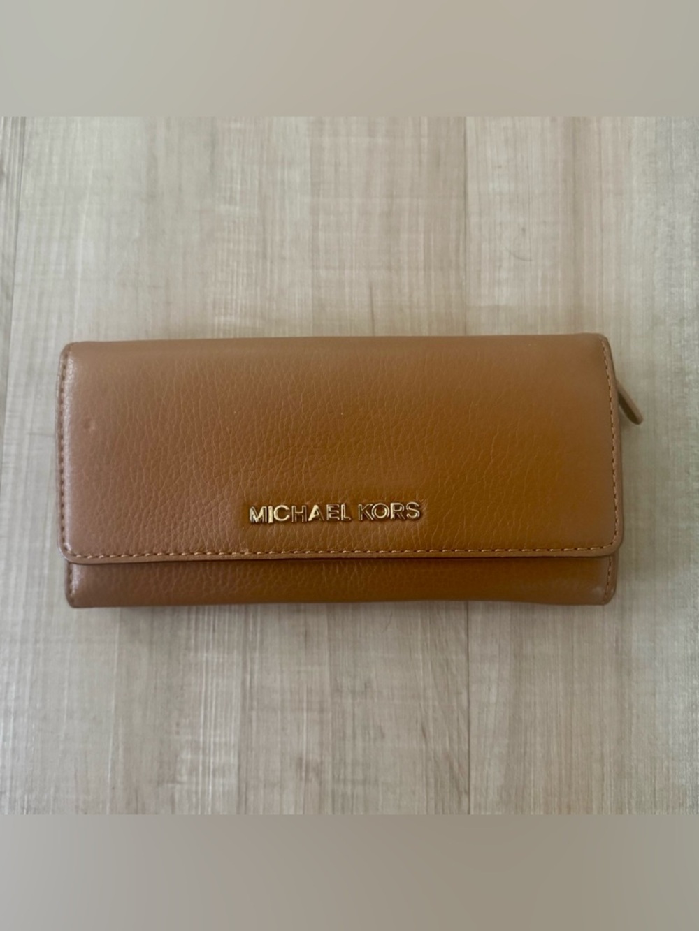 Michael Kors Tan Leather Flap Wallet with Gold Logo